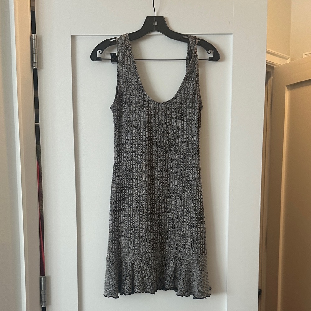 NBD Gray Ribbed Scoop Neck Mini Dress with Ruffle Hem